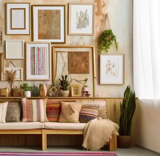 Mix of white, gold, and natural wood frames in a gallery wall