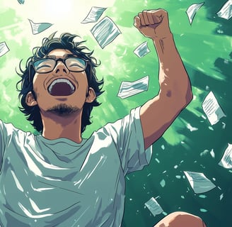 A man wearing glasses is celebrating his success in passing the CCNA exam