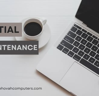 Laptop with text overlay highlighting top 7 essential computer maintenance tips.