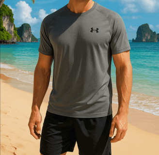 A man stands in front of the ocean wearing a grey Under Armour Mens Tech T-shirt