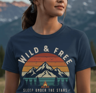 women wearing a nature explorer t-shirt with a mountain setting in the background