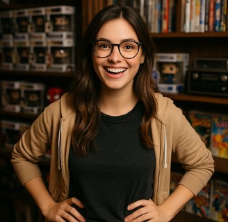 a woman in glasses and a black top