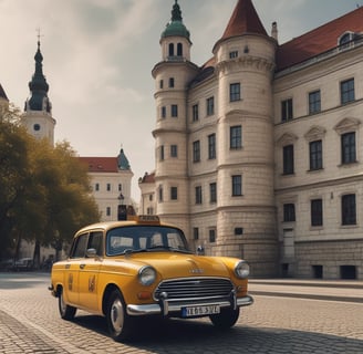 A taxi car is parked on the road next the Bratislava castle. behind the taxi is a green tree.