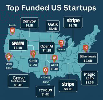 USA map showing top funded US startups