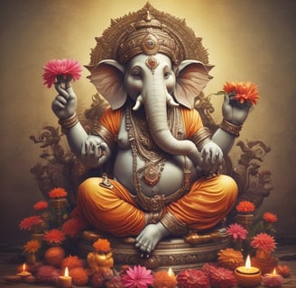 A colorful statue of the Hindu deity Ganesha is adorned with traditional decorations and flowers. The statue is placed on a marble surface with a small lit oil lamp in front. Multicolored lights are visible in the background, creating a festive atmosphere.