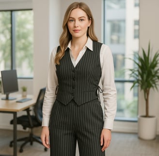 Professional woman in a pinstripe vest and white blouse standing in a modern office setting