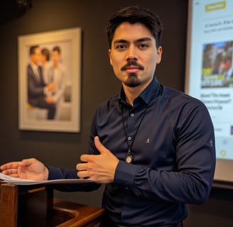 Rafael a software engineer presenting in a blue shirt and black pants