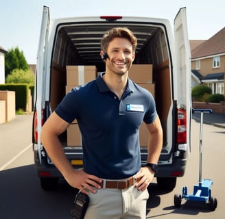 A smiling man in a navy blue polo shirt standing in front of a van loaded with cardboard boxes, repr