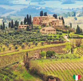 a small village in italy with a flag on the top of the hill