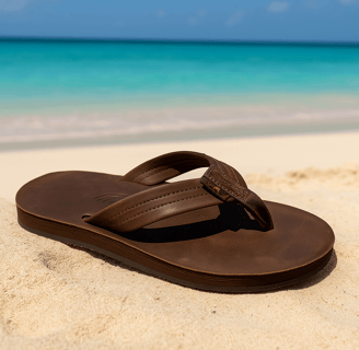 A leather Rainbow Sandal in brown sitting in the sands of a Thai beach with the turquoise waters