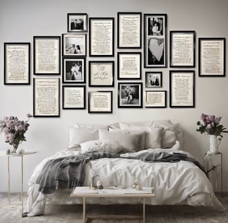 a gallery wall of romantic quotes or love letters
