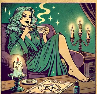 a woman in a green dress sitting on a couch