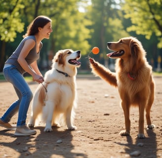 a dog standing on a field with a ball on it