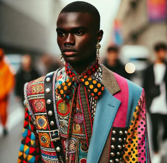 a man in a colorful jacket and tie looking fantastic