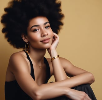 A woman with afro hair sits against a warm yellow background, wearing a strapless black dress and go