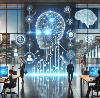 a group of people standing in front of a large screen with a brain map