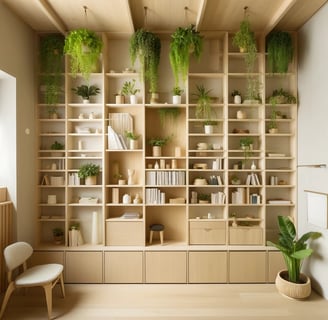 small Japandi style room that efficiently utilizes vertical space with ceiling high shelves and hanging green plants