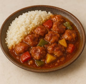 Cerdo en salsa agridulce con pimientos y arroz blanco. Un plato sabroso y equilibrado para diario.