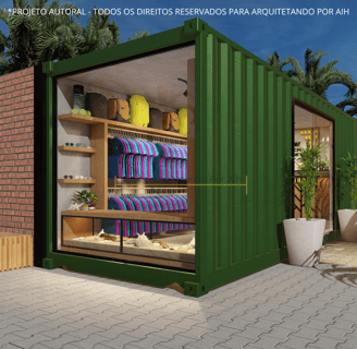 Perspectiva da fachada de uma loja em container, com destaque para uma vitrine grande e convidativa
