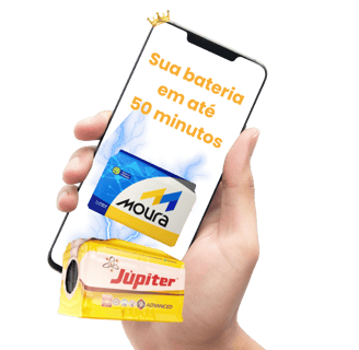 Mão segurando celular com texto "Sua bateria em até 50 minutos", exibindo baterias Moura e Júpiter.