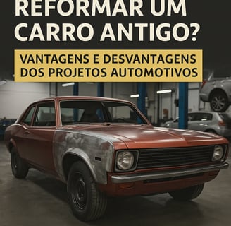 Carro antigo parcialmente restaurado em oficina, com texto sobre vantagens e desvantagens de reforma