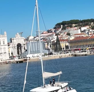 Our Lagoon 46 docked in front of the Commerce Square during an excursion to Lisbon