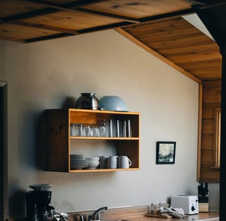 a kitchen with a wooden counter top and a wooden counter top