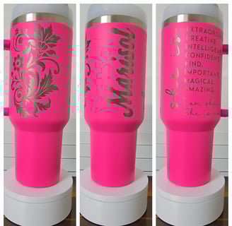 Hot pink stainless steel tumbler with metallic floral engraving - san antonio