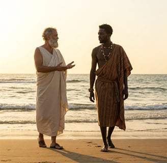 two men standing on a beach with a woman in a towel