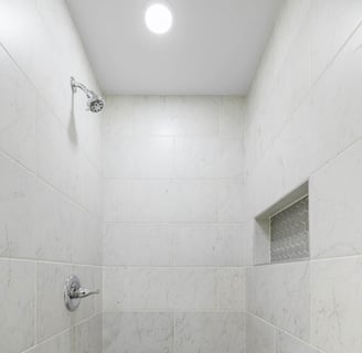 Image of tiled walk-in shower with recessed shelf and spotlight
