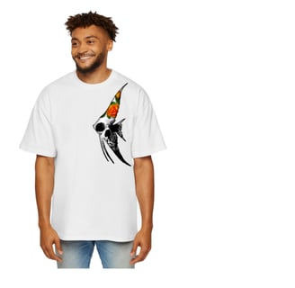 a man with a angel fish on a white t shirt