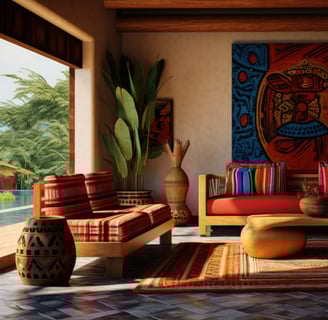 a living room with a couch and a painting