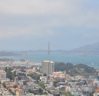 a view of  the golden gate bridge spanning the width of a city