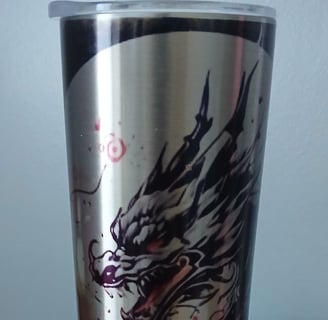 A sublimated 20oz tumbler featuring a traditional Japanese dragon wrapping around the tumbler 