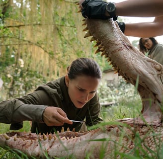 Scene of Natalie Portman as Lena taking samples from a crocodile corpse in the movie Annihilation
