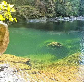 Yacolt, WA - An emerald pool along Lewis River past the Moulton Falls Bridge