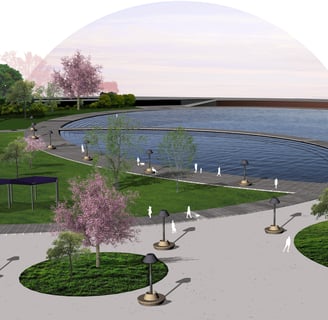 a large park rendering with a pond and trees