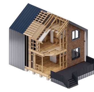 a house with a wooden frame and a metal roof