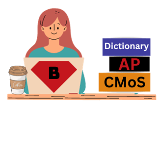 Cartoon of a redhead at a desk with editing books, coffee, and laptop