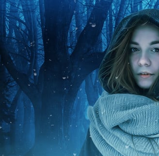 Hooded woman in blue-tinted forest