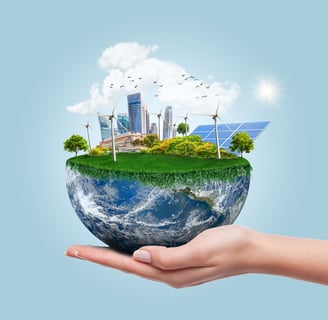 a person holding a globe with a city in the background