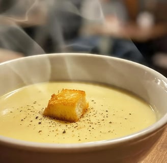 a bowl of soup with a piece of breaded bread