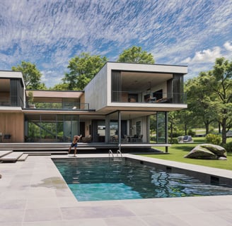 a house with a pool and lounge chairs