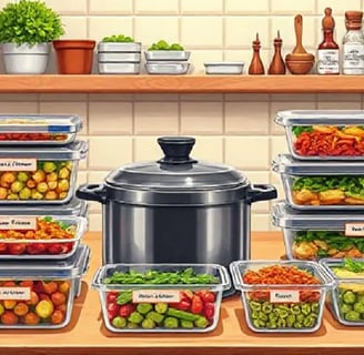 An organized kitchen counter with stacked meal prep containers filled with vegetables, a slow cooker