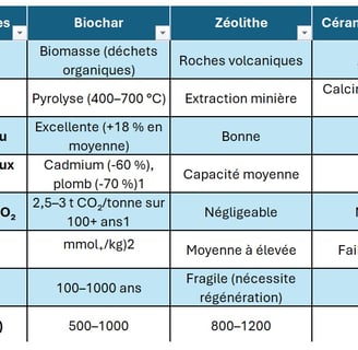 Tableau comparatif des matériaux : Biochar, Zéolithe et Céramiques Poreuses