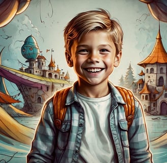 Portrait photo transformed into a comic painting of  a young boy is smiling and holding a backpack