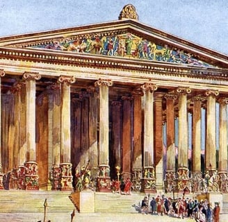 Templo grandioso dedicado à deusa Ártemis em Éfeso, uma das 7 Maravilhas do Mundo Antigo, com coluna