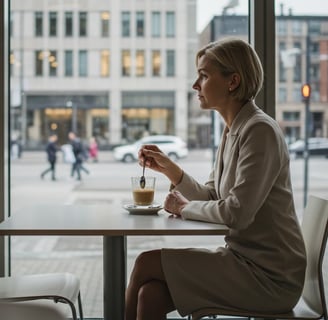 Menestyvä, mutta tukahtunutta arkea elävä nainen istuu kahvilassa ja miettii sisällään hiljaa: onko tässä kaikki?