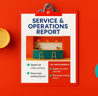 Service and Operations Inspection report on red clipboard with service improvement notes and vibrant workspace visual.