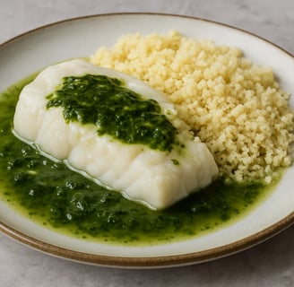 Merluza en salsa verde de algas con cuscús. Ligero, saludable y perfecto para el menú diario.